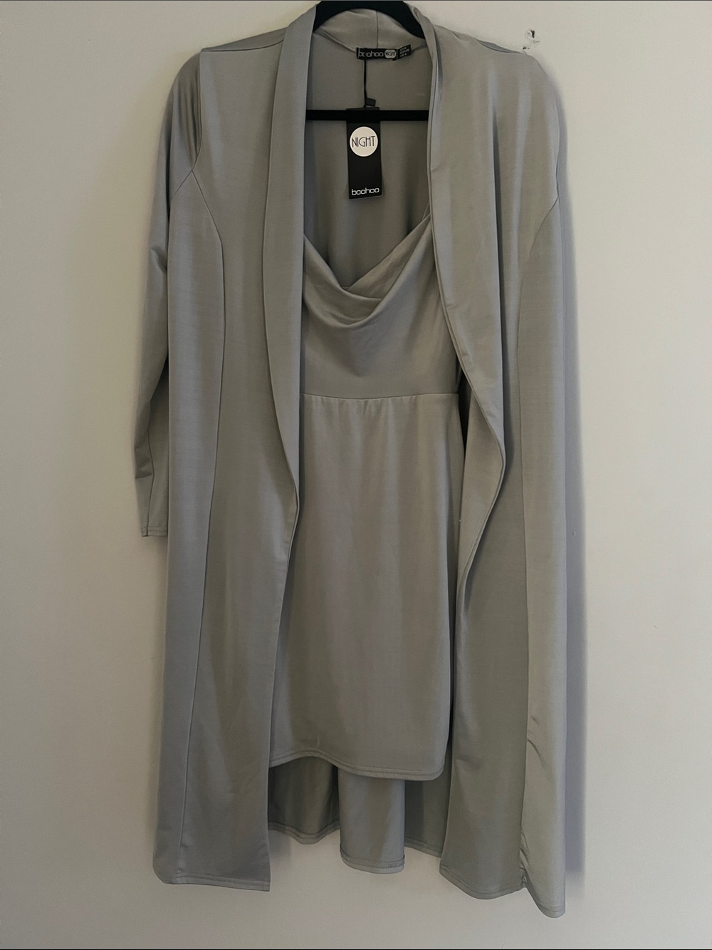Boohoo Light Gray Drape Front Dress with Longline Cardigan